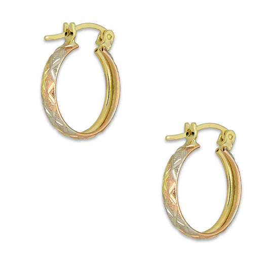 NR14AR002 Arete Arracada Oro Sólido 14K Florentino Diamantado Ancho 3 mm DIámetro 1.5 cm