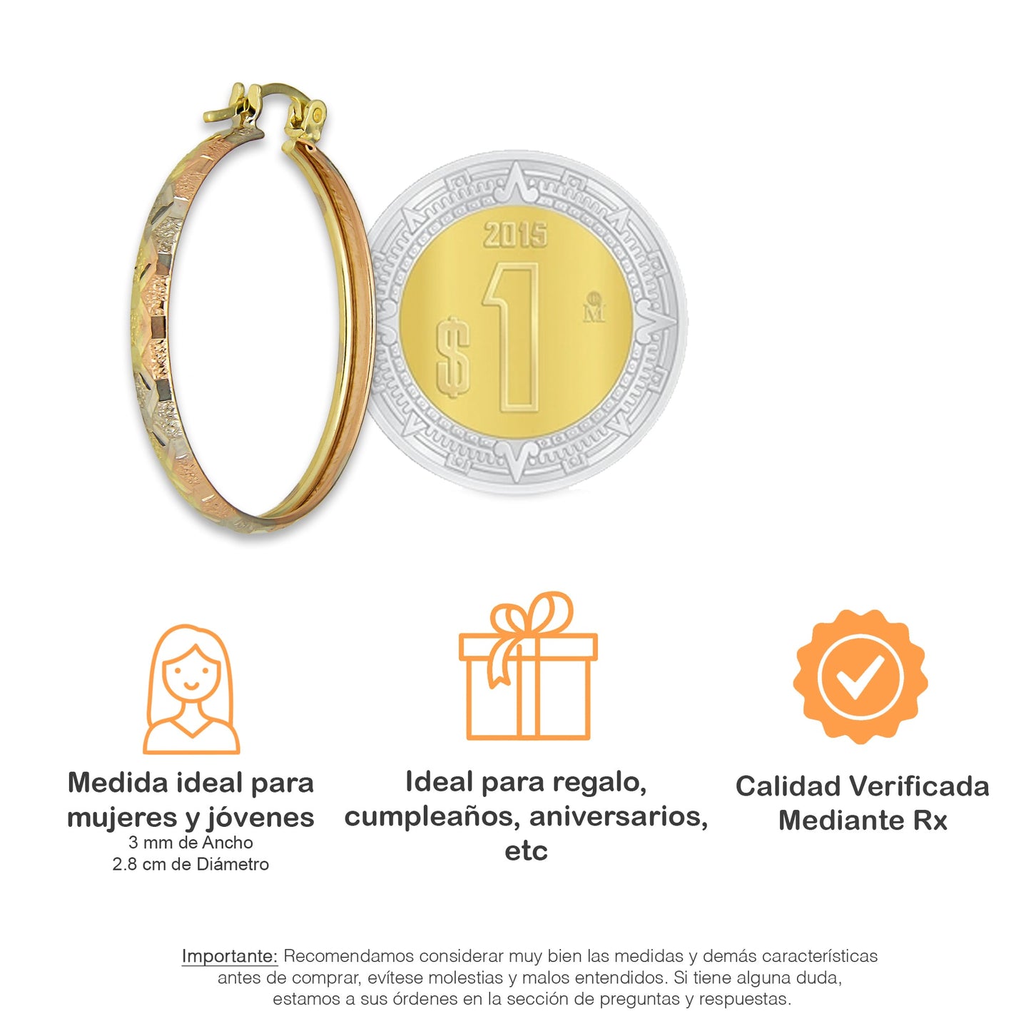 NR14AR005 Arete Arracada Oro Sólido 14K Florentino Diamantado Ancho 3 mm DIámetro 2.8 cm