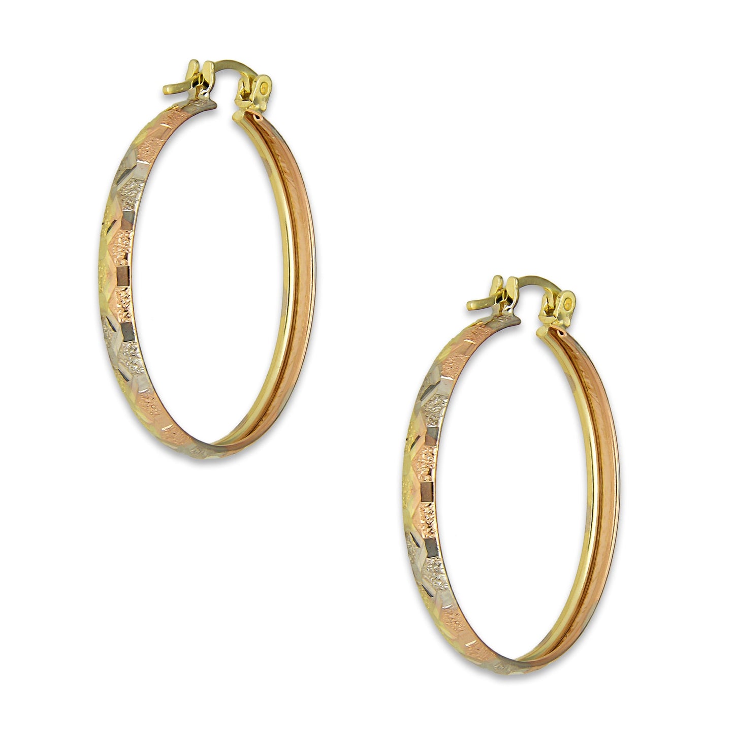 NR14AR005 Arete Arracada Oro Sólido 14K Florentino Diamantado Ancho 3 mm DIámetro 2.8 cm