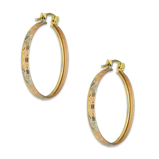 NR14AR005 Arete Arracada Oro Sólido 14K Florentino Diamantado Ancho 3 mm DIámetro 2.8 cm