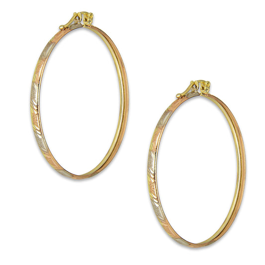 NR14AR007 Arete Arracada Oro Sólido 14K Florentino Diamantado Ancho 3 mm DIámetro 4.2 cm