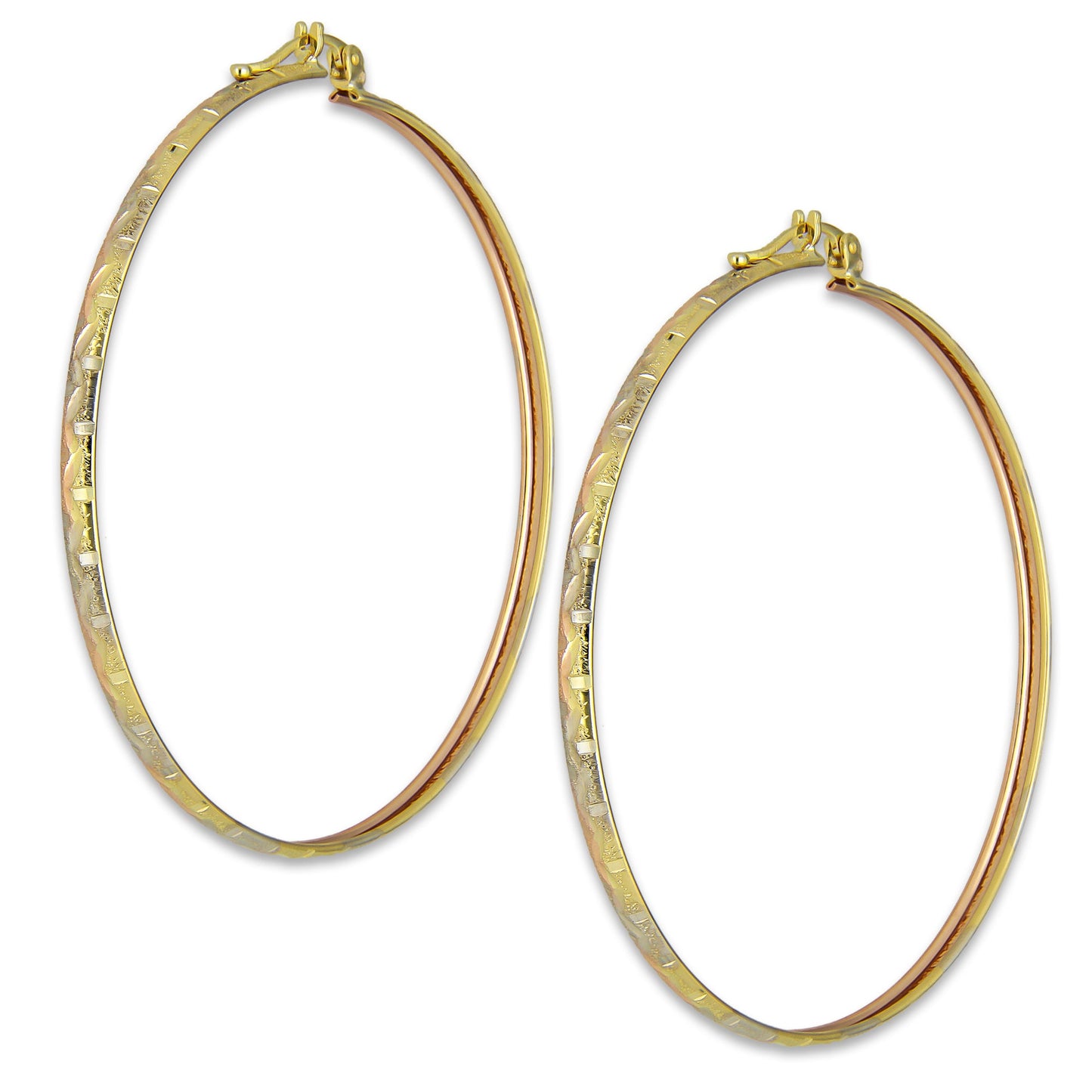 NR14AR009 Arete Arracada Oro Sólido 14K Florentino Diamantado Ancho 3 mm DIámetro 5.7 cm