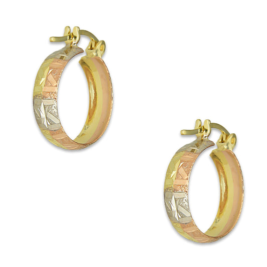 NR14AR010 Arete Arracada Oro Sólido 14K Florentino Diamantado Ancho 4.5 mm DIámetro 1.5 cm