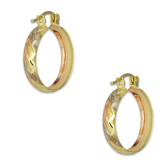 NR14AR011 Arete Arracada Oro Sólido 14K Florentino Diamantado Ancho 4.5 mm DIámetro 2 cm