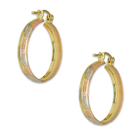 NR14AR012 Arete Arracada Oro Sólido 14K Florentino Diamantado Ancho 4.5 mm DIámetro 2.3 cm