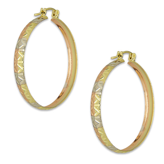 NR14AR014 Arete Arracada Oro Sólido 14K Florentino Diamantado Ancho 4.5 mm DIámetro 3.5 cm