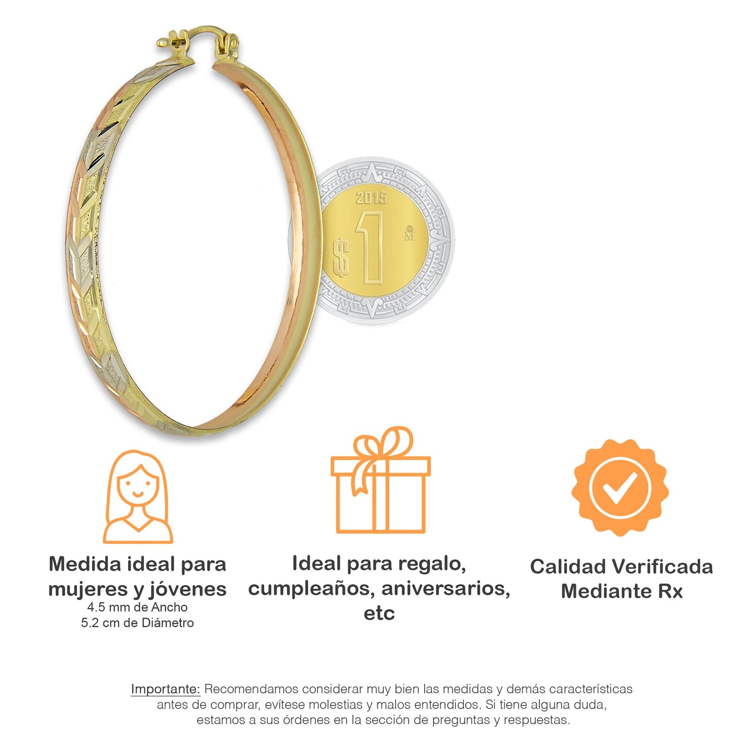 NR14AR016 Arete Arracada Oro Sólido 14K Florentino Diamantado Ancho 4.5 mm DIámetro 5.2 cm