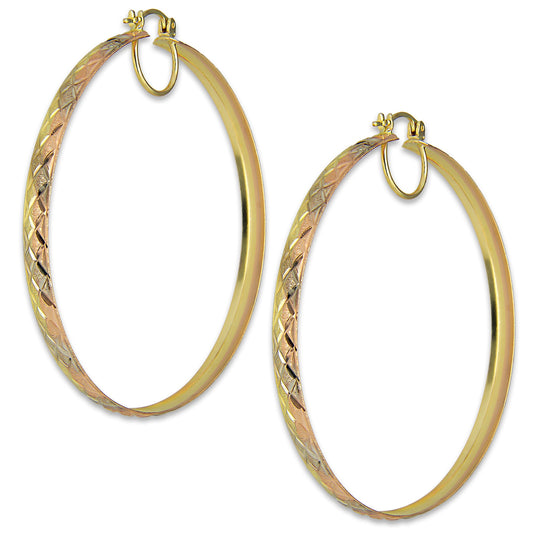 NR14AR017 Arete Arracada Oro Sólido 14K Florentino Diamantado Ancho 4.5 mm DIámetro 5.8 cm