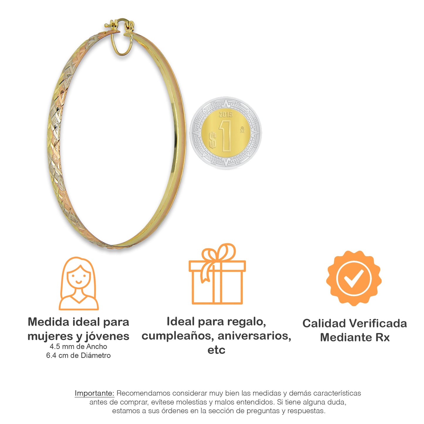 NR14AR018 Arete Arracada Oro Sólido 14K Florentino Diamantado Ancho 4.5 mm DIámetro 6.4 cm