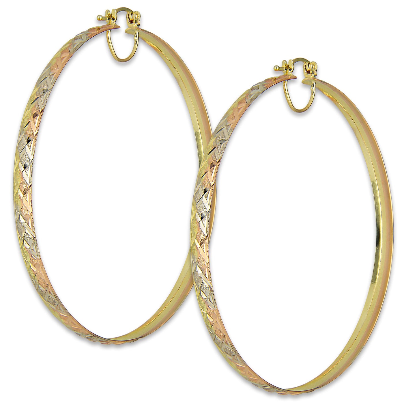 NR14AR018 Arete Arracada Oro Sólido 14K Florentino Diamantado Ancho 4.5 mm DIámetro 6.4 cm