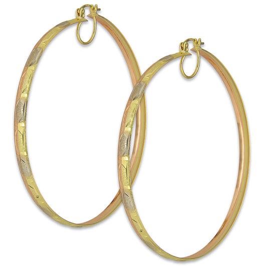 NR14AR019 Arete Arracada Oro Sólido 14K Florentino Diamantado Ancho 4.5 mm DIámetro 6.6 cm