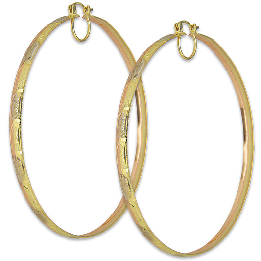 NR14AR020 Arete Arracada Oro Sólido 14K Florentino Diamantado Ancho 4.5 mm DIámetro 7.3 cm