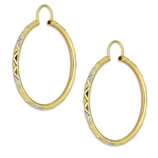 NR14AR024 Arete Arracada Oro Sólido 14K Tubo 2 mm Láser Florentino Diamantado DIámetro 2.9 cm
