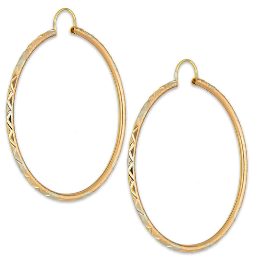 NR14AR026 Arete Arracada Oro Sólido 14K Tubo 2 mm Láser Florentino Diamantado DIámetro 4.4 cm