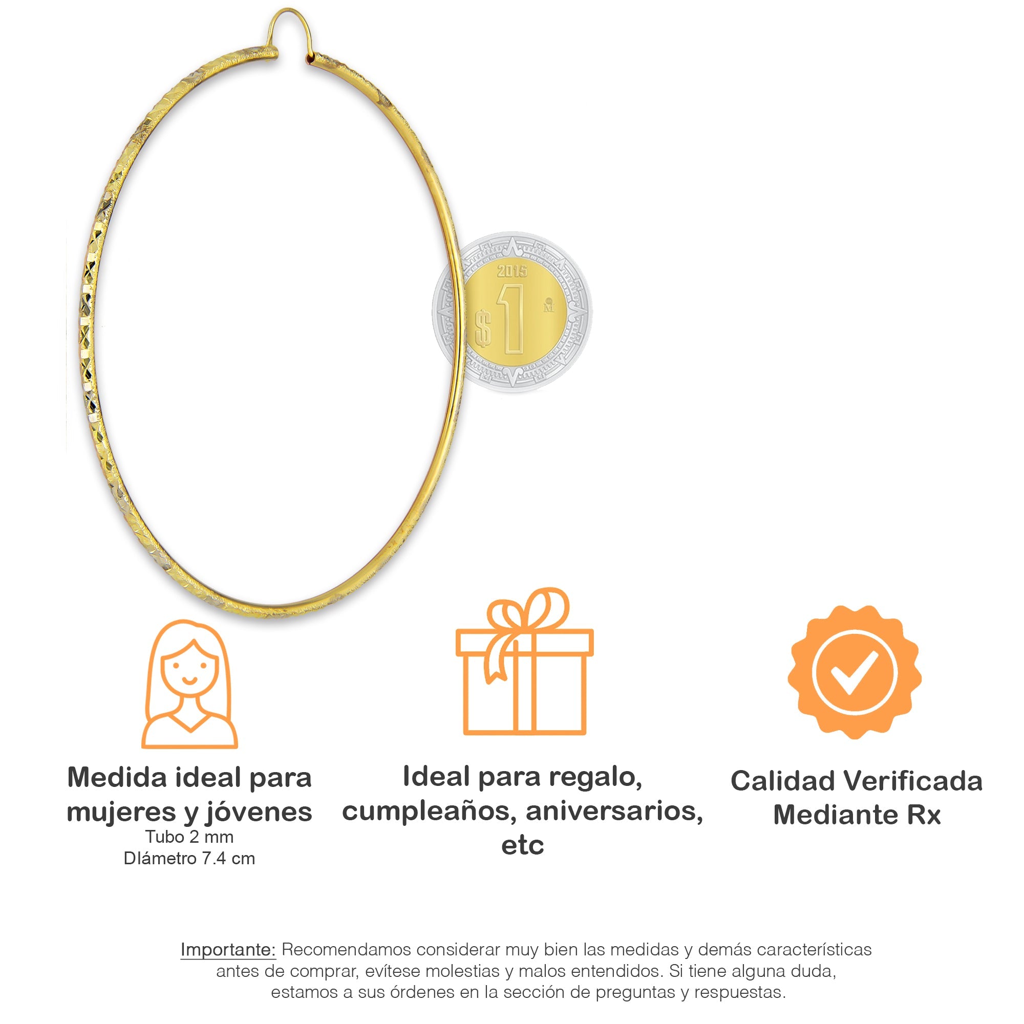 NR14AR030 Arete Arracada Oro Sólido 14K Tubo 2 mm Láser Florentino Diamantado DIámetro 7.4 cm