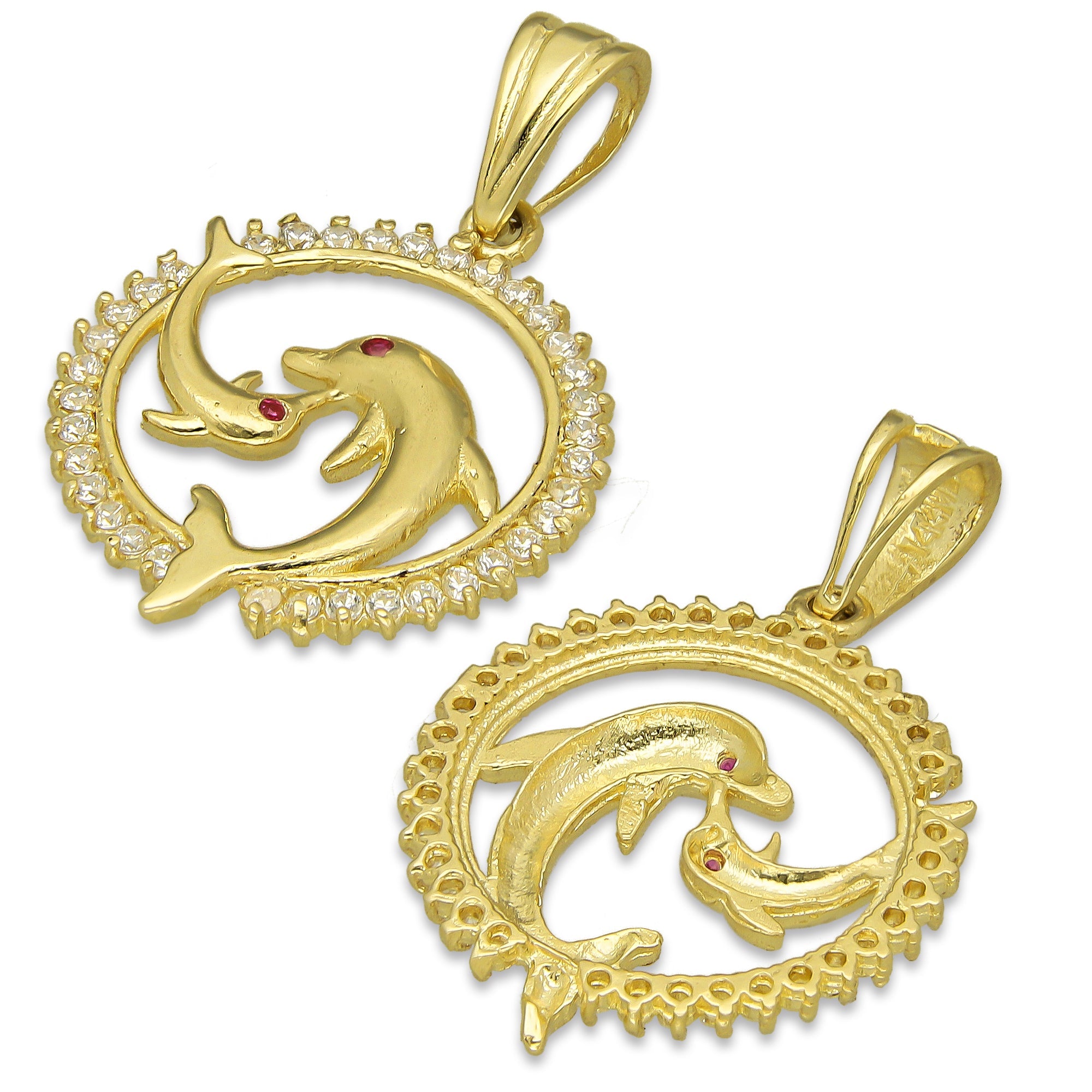 NR14DJ135 Dije Oro Sólido 14K Delfines Círculo Yin Yang 2 cm x 3 cm