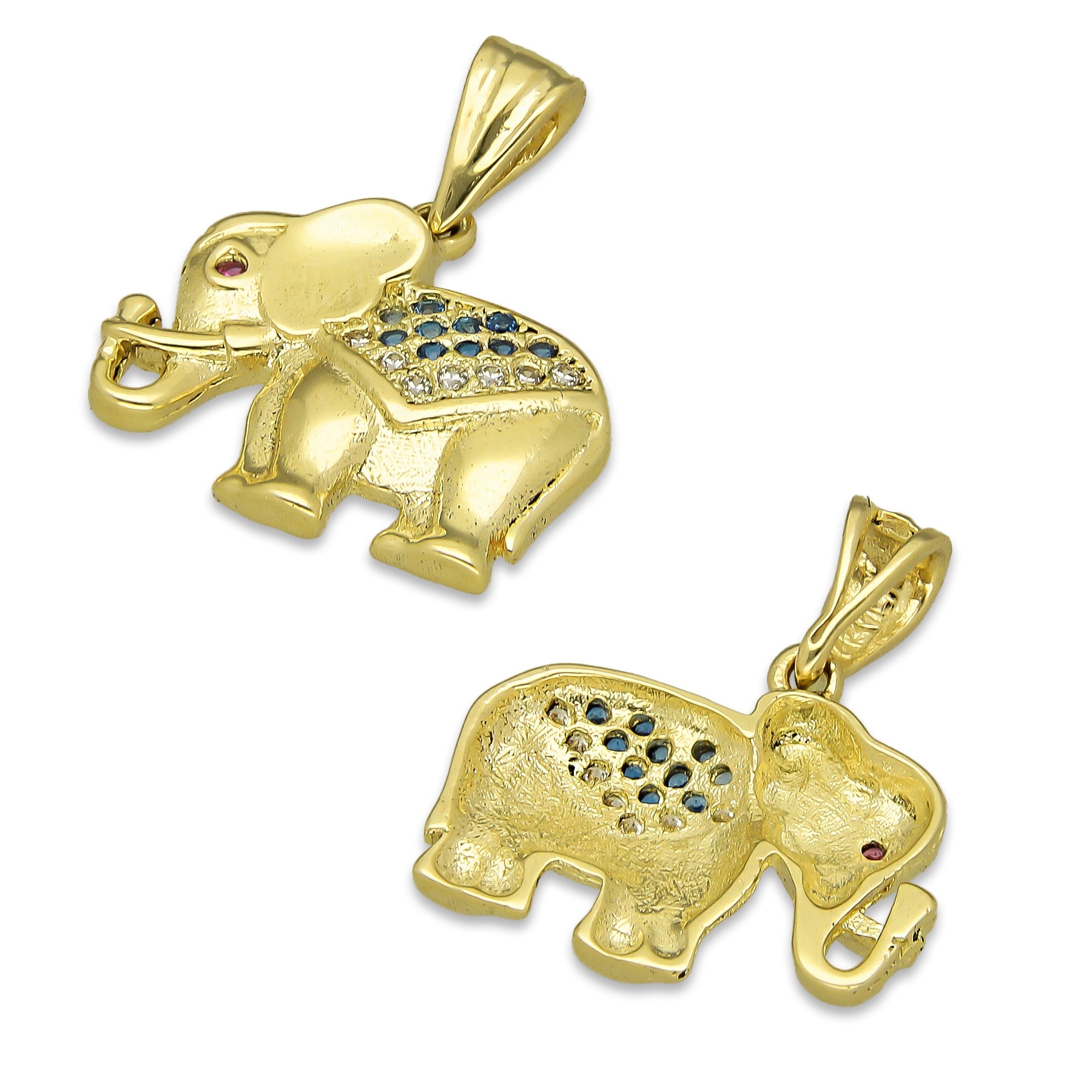 NR14DJ138 Dije Oro Sólido 14K Elefante Manto ZIrconias Verdes 1.7 cm x 2 cm