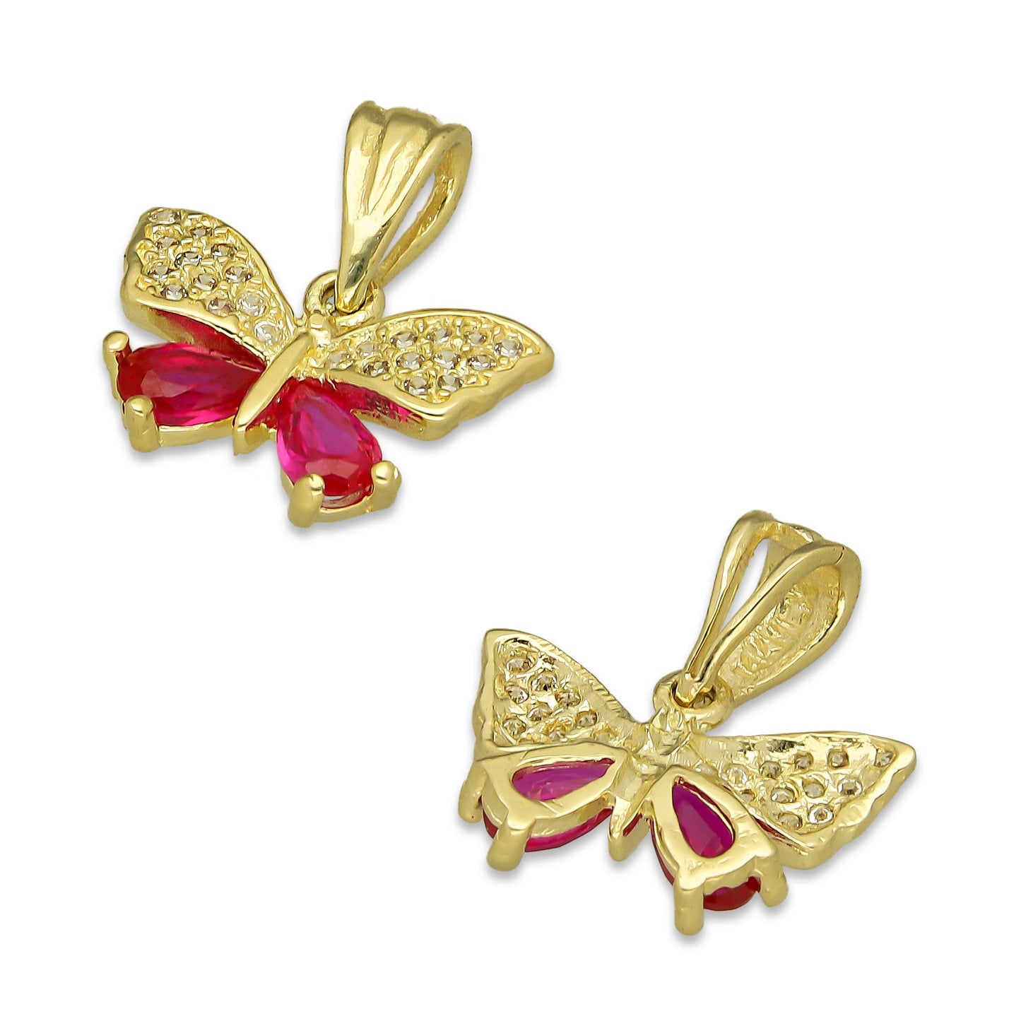 NR14DJ139 Dije Oro Sólido 14K Mariposa 2 P Gota 1.4 cm x 1.5 cm