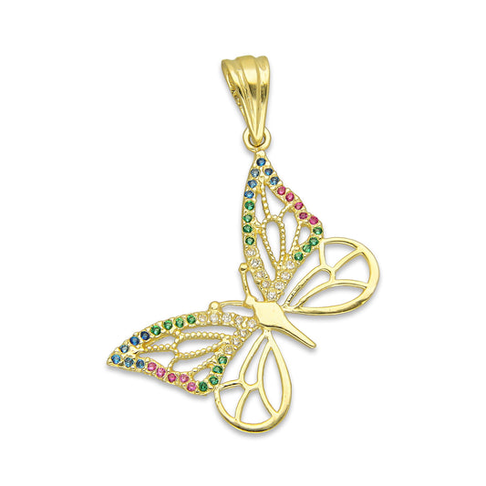 NR14DJ141 Dije Oro Sólido 14K Mariposa Calada Multicolor Grande 2.8 cm x 3.8 cm