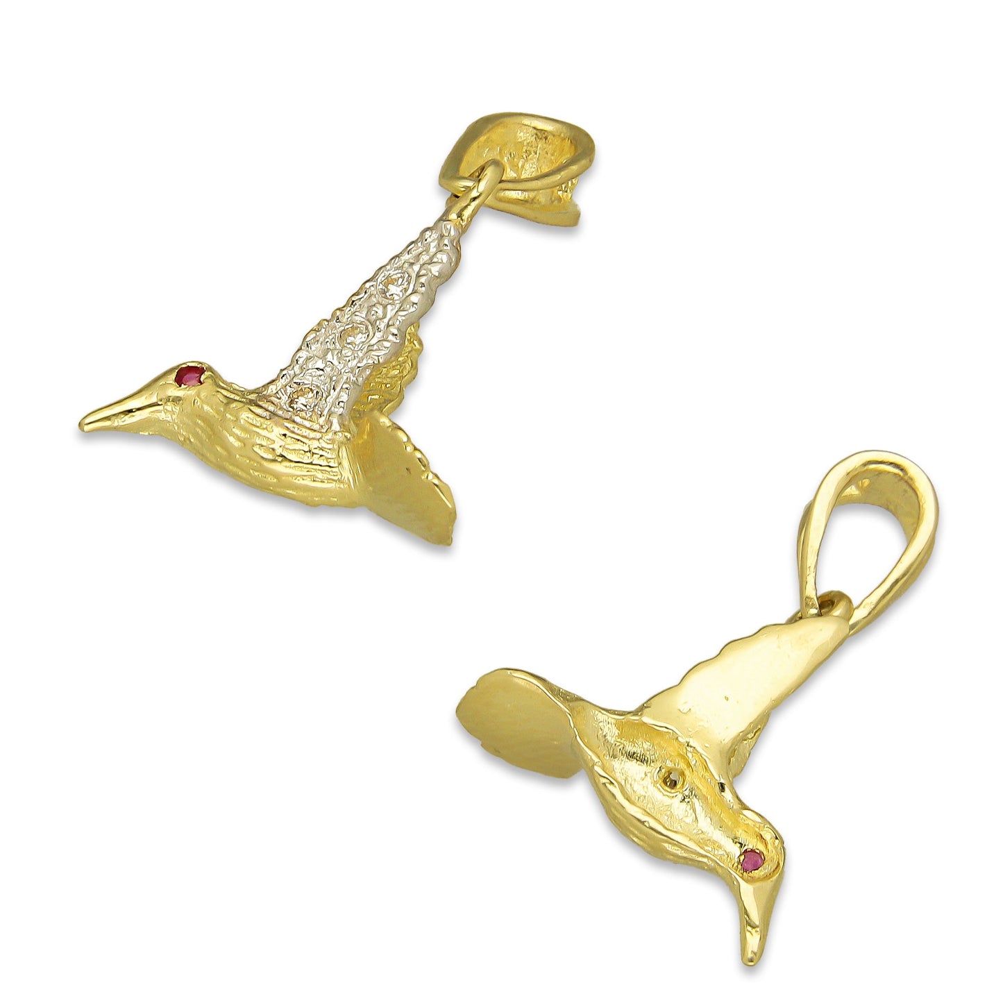 NR14DJ142 Dije Oro Sólido 14K Colibrí Alas Blancas 1.5 cm x 2.1 cm
