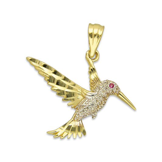 NR14DJ144 Dije Oro Sólido 14K Colibrí Alas y Cola Diamantada Blanco 2.5 cm x 2.5 cm