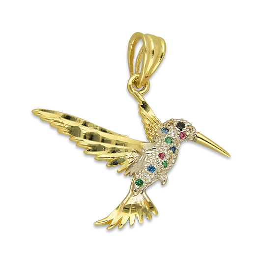 NR14DJ145 Dije Oro Sólido 14K Colibrí Alas y Cola Diamantada Multicolor 2.5 cm x 2.5 cm