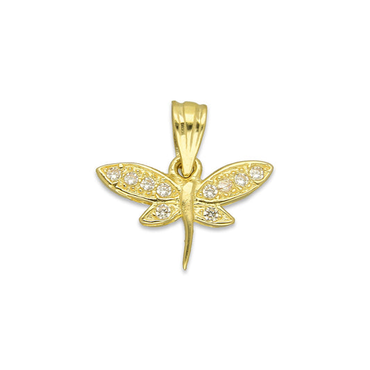 NR14DJ147 Dije Oro Sólido 14K Libélula Centro Liso con Zirconias 1.7 cm x 1.7 cm