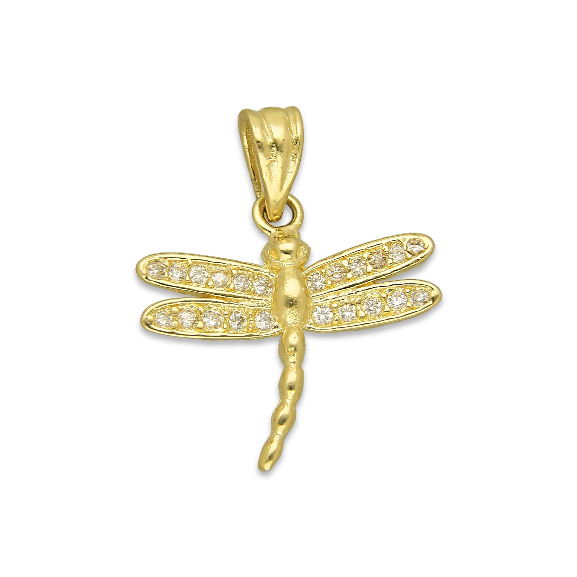 NR14DJ148 Dije Oro Sólido 14K Libélula con Zirconias Mediana 2 cm x 2.2 cm