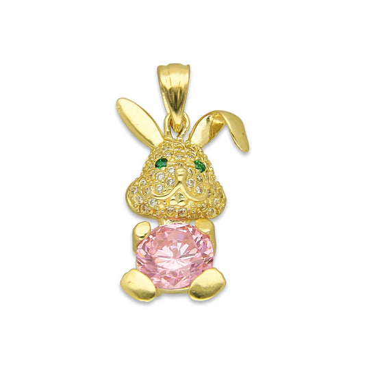 NR14DJ150 Dije Oro Sólido 14K Conejo con Zirconia en la Panza 1.4 cm x 2.7 cm