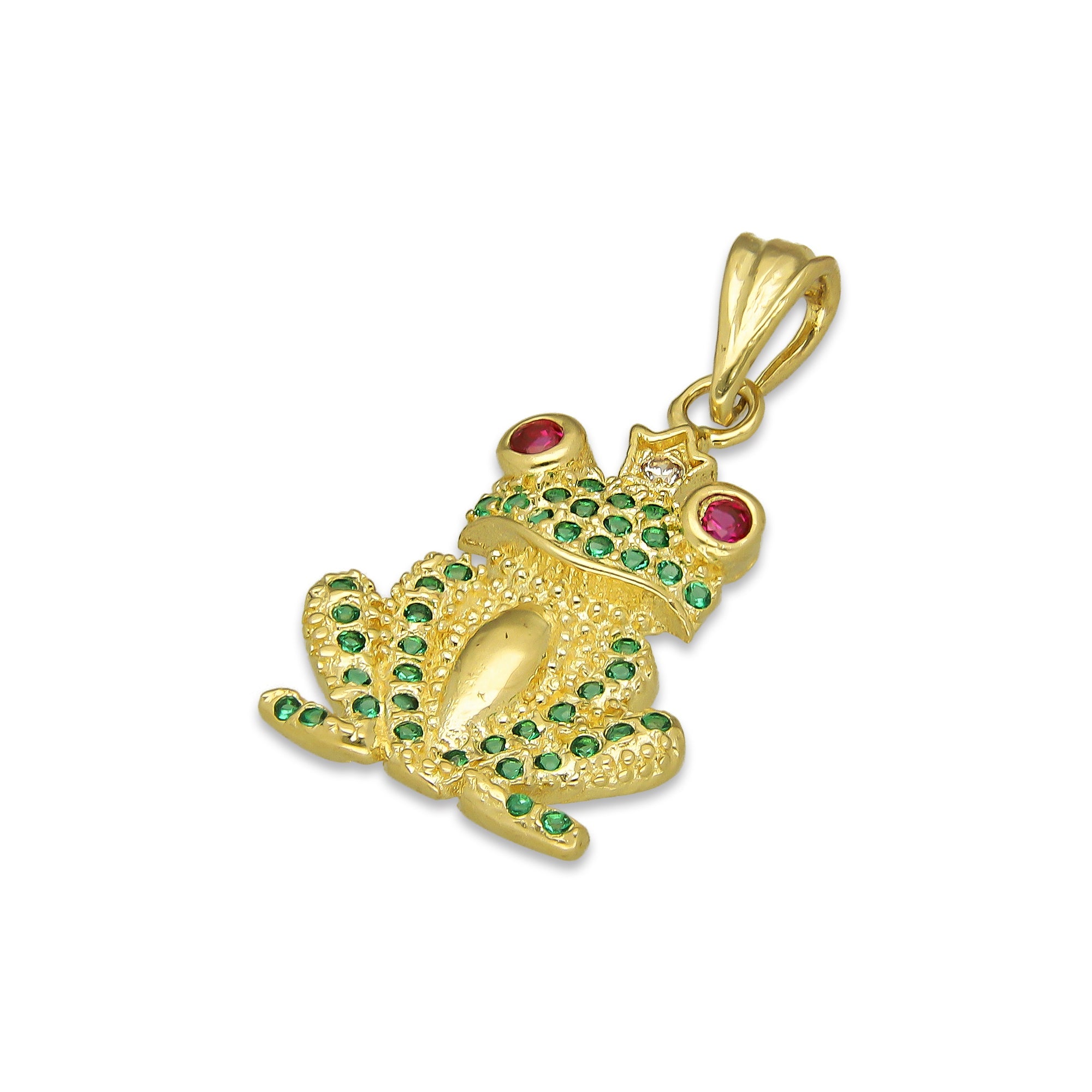 NR14DJ151 Dije Oro Sólido 14K Rana Verde con Corona 1.4 cm x 2.8 cm