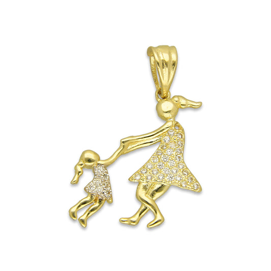 NR14DJ155 Dije Oro Sólido 14K Madre e Hija Jugando 1.8 cm x 2.5 cm