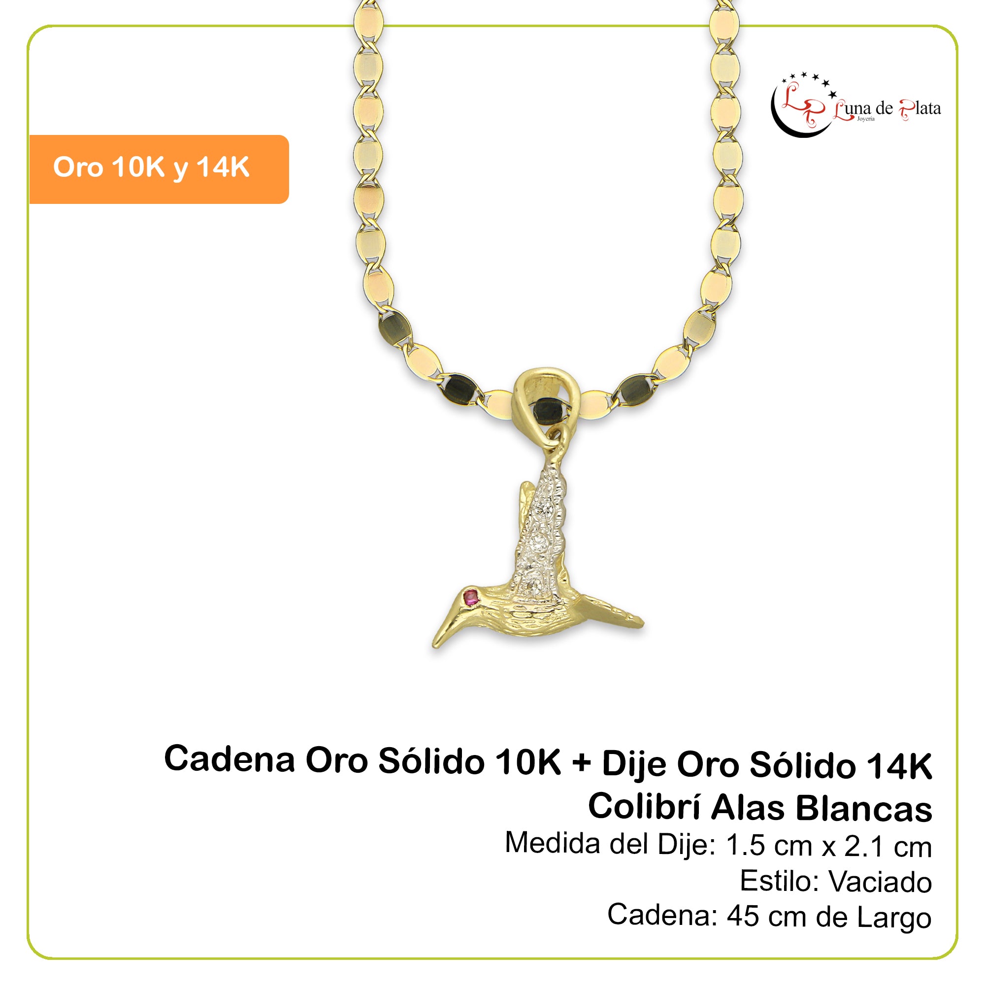 NR14DP045 Cadena Oro Sólido 10K + Dije Oro Sólido 14K Colibrí Alas Blancas 1.5 cm x 2.1 cm