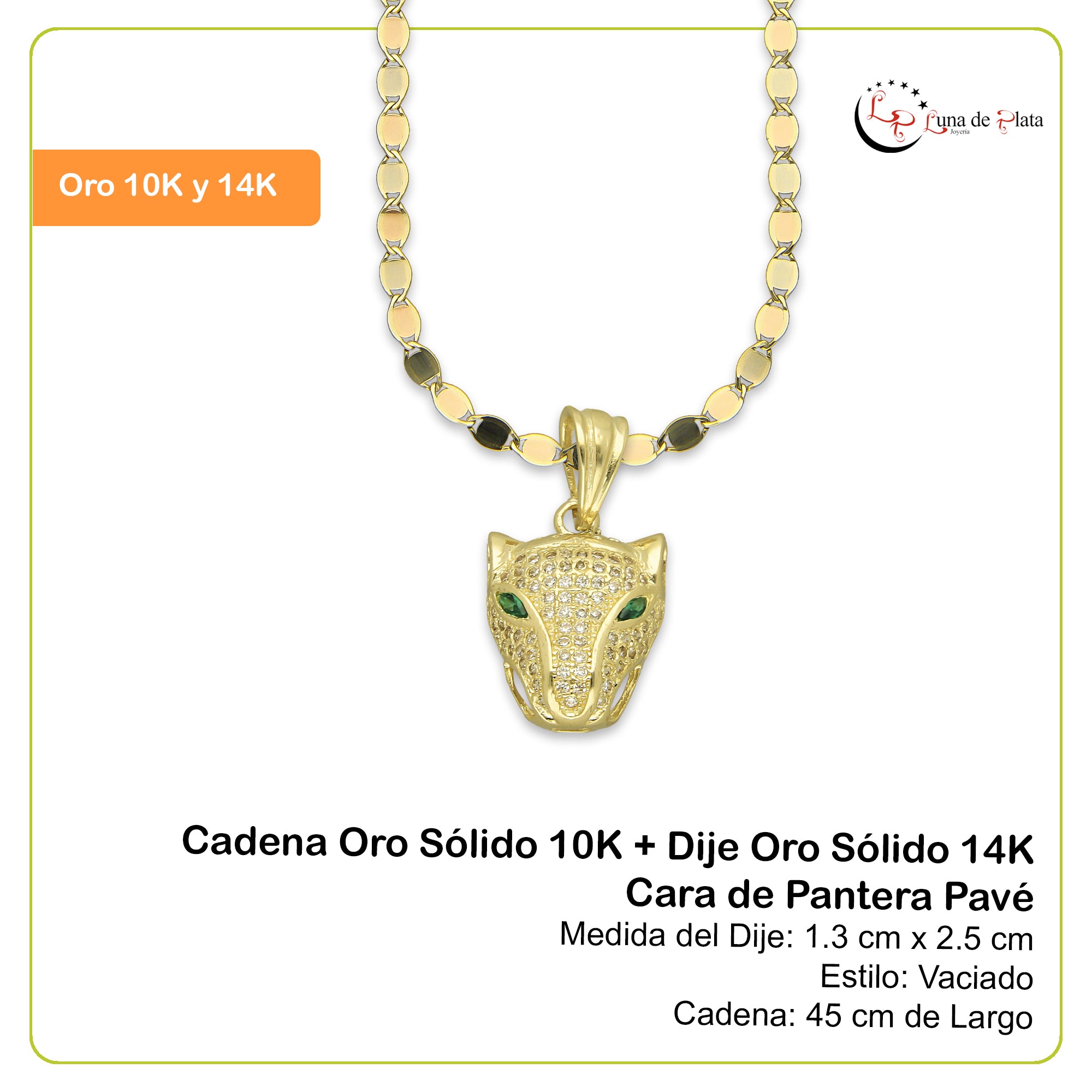 NR14DP055 Cadena Oro Sólido 10K + Dije Oro Sólido 14K Cara de Pantera Pavé 1.3 cm x 2.5 cm