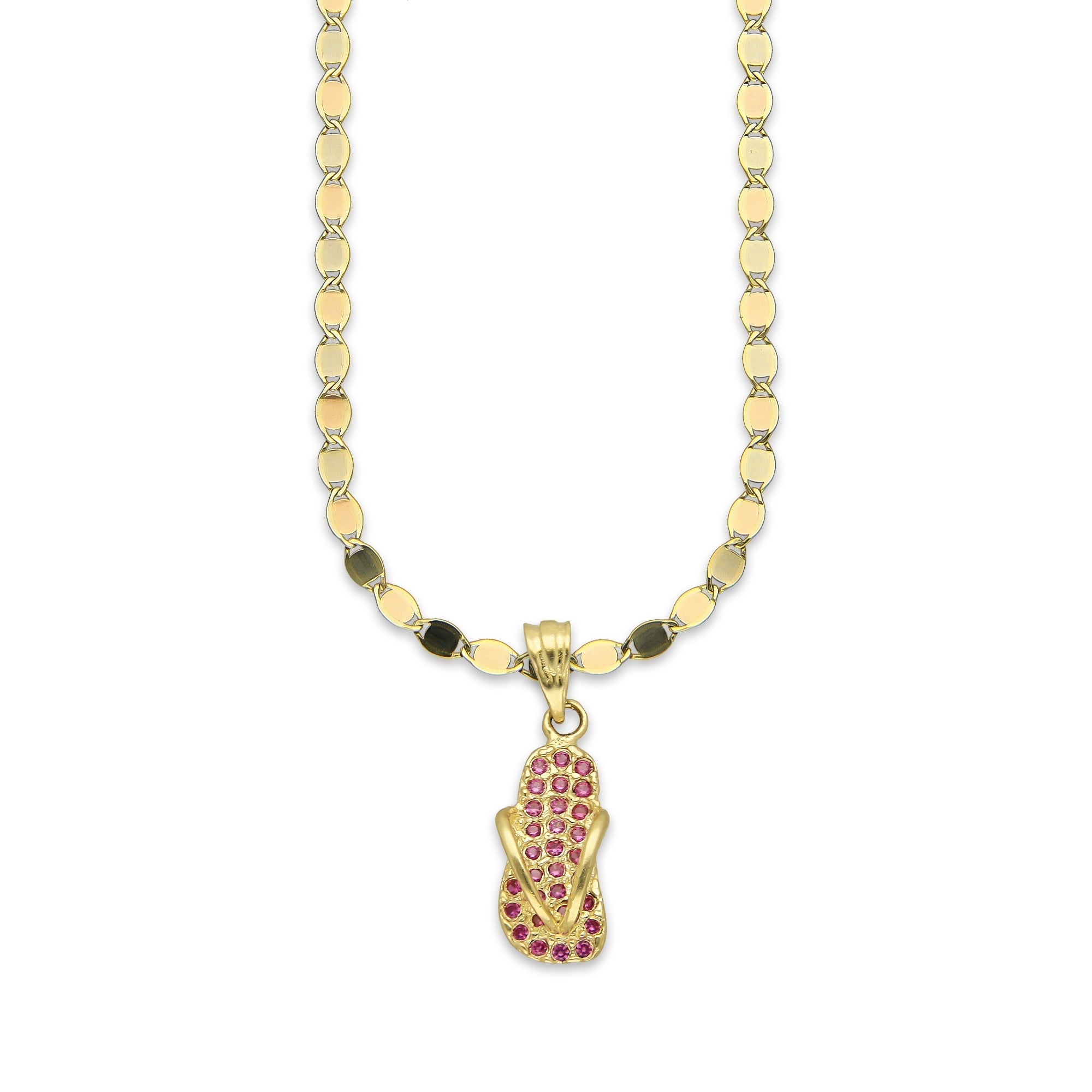 NR14DP061 Cadena Oro Sólido 10K + Dije Oro Sólido 14K Chanclita con Zirconias Rojas .9 cm x 2.5 cm
