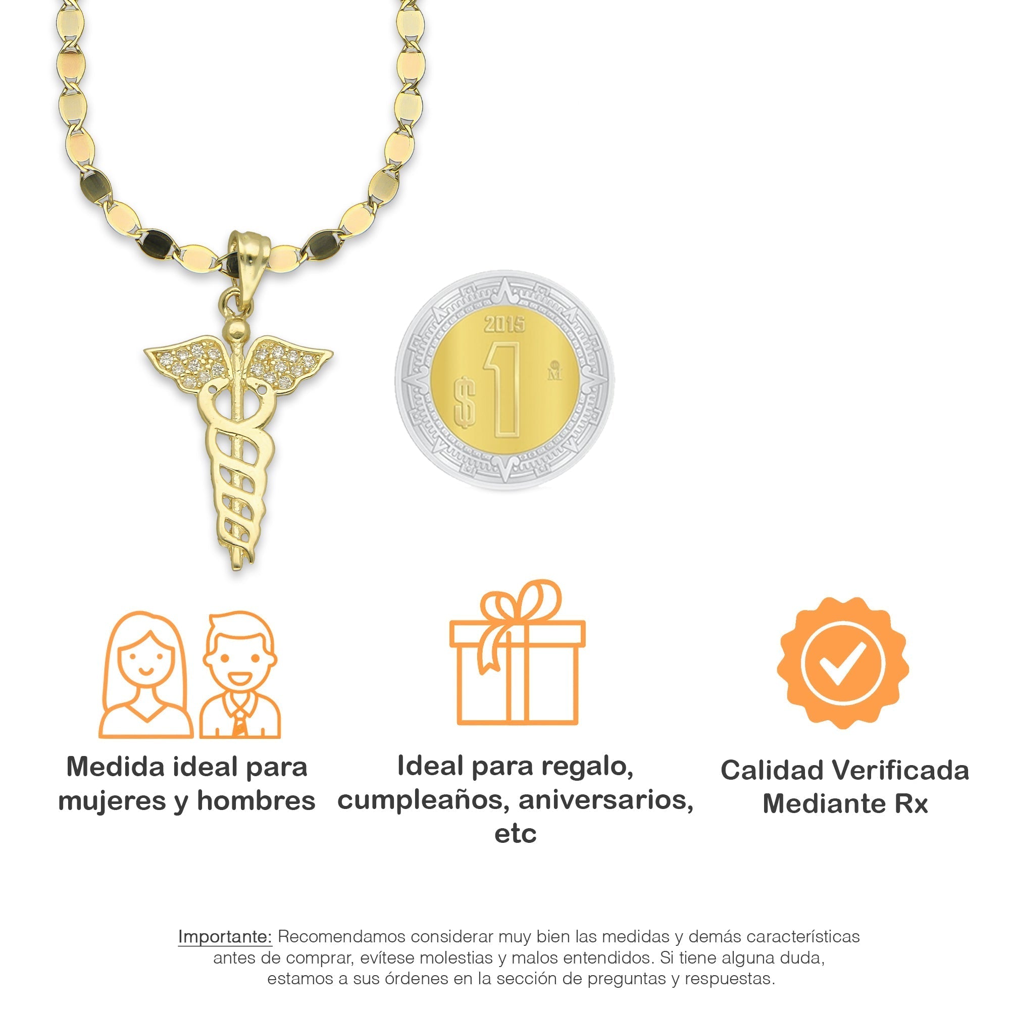 NR14DP062 Cadena Oro Sólido 10K + Dije Oro Sólido 14K Medicina con Zirconias 1.8 cm x 3.3 cm