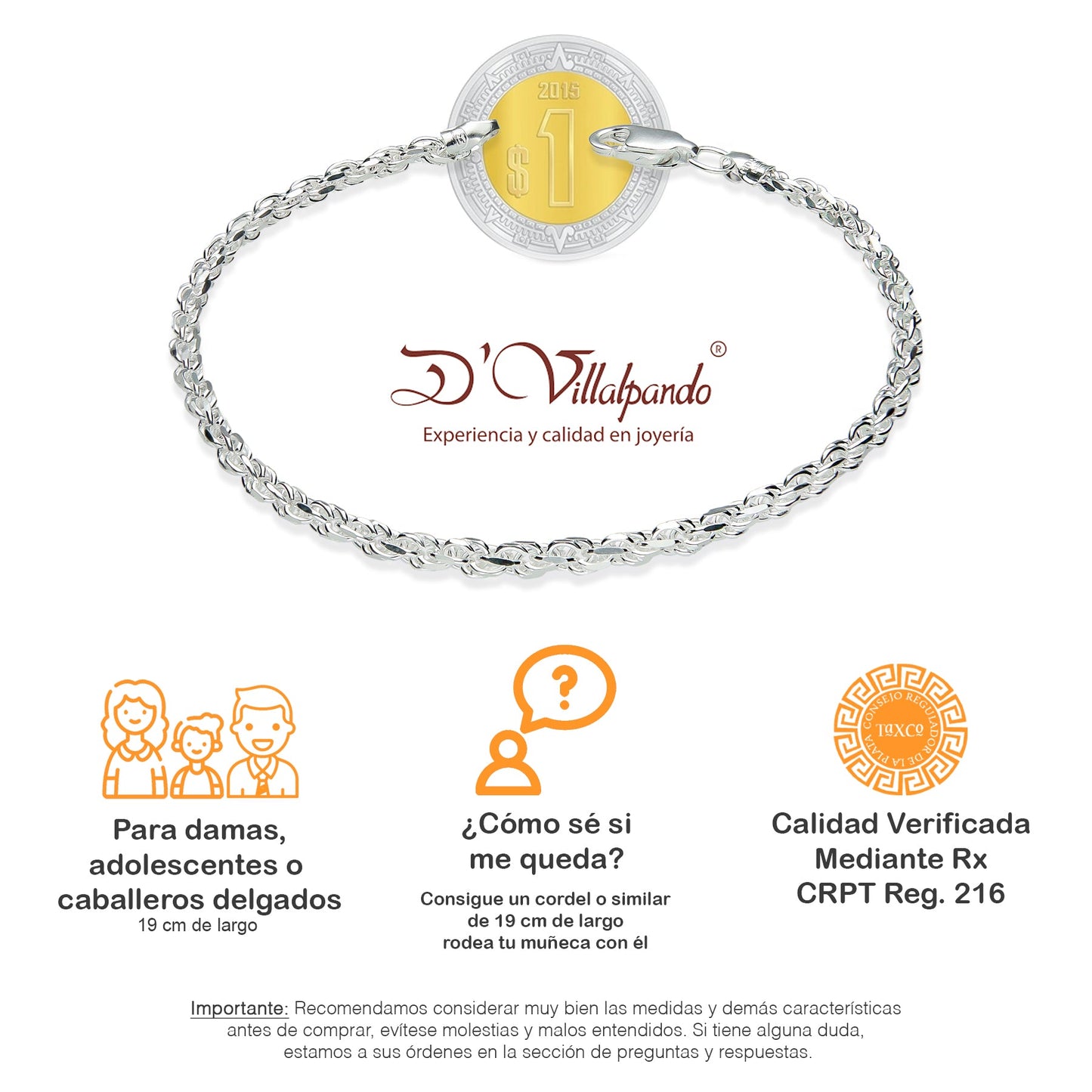 LPPD084 Pulsera Torsal Diam 3 mm x 19 cm en Plata Ley .925 1889205673