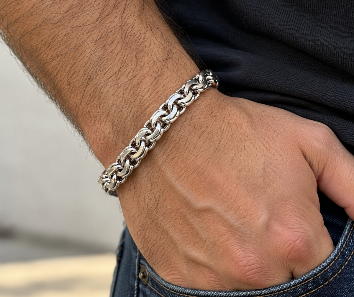 LPPC015 Pulsera Tejido Chino 8.2 mm x 22 cm en Plata Ley .925