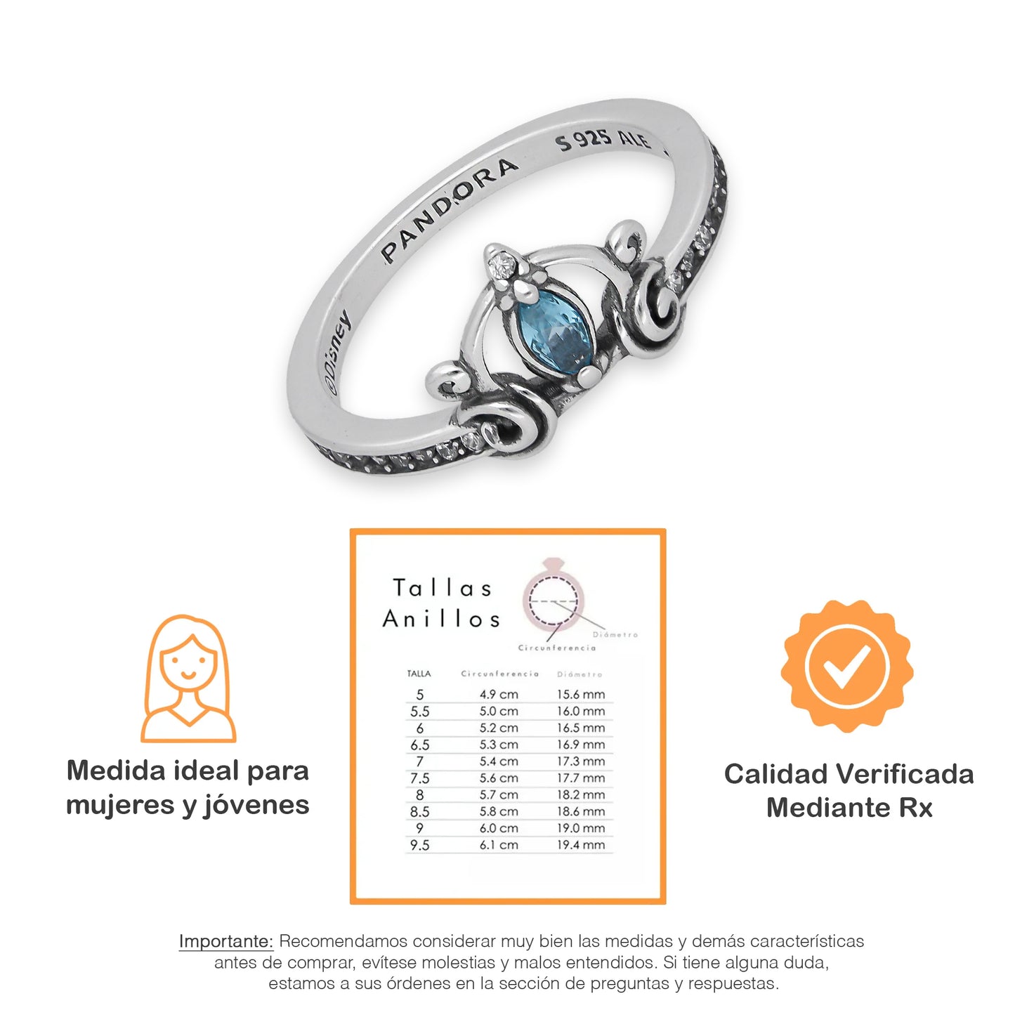 TMPAD006 Anillo Pand Princesas Cenicienta en Plata Fina .925