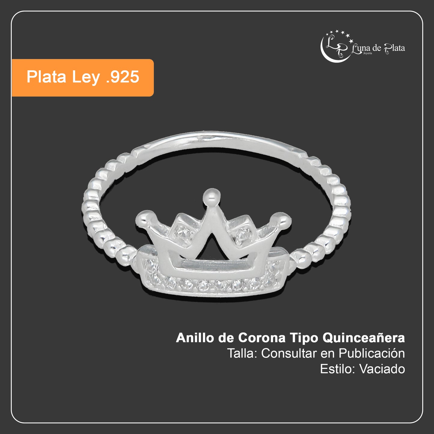 TMPAD010 Anillo de Corona Tipo Quinceañera en Plata Fina.925