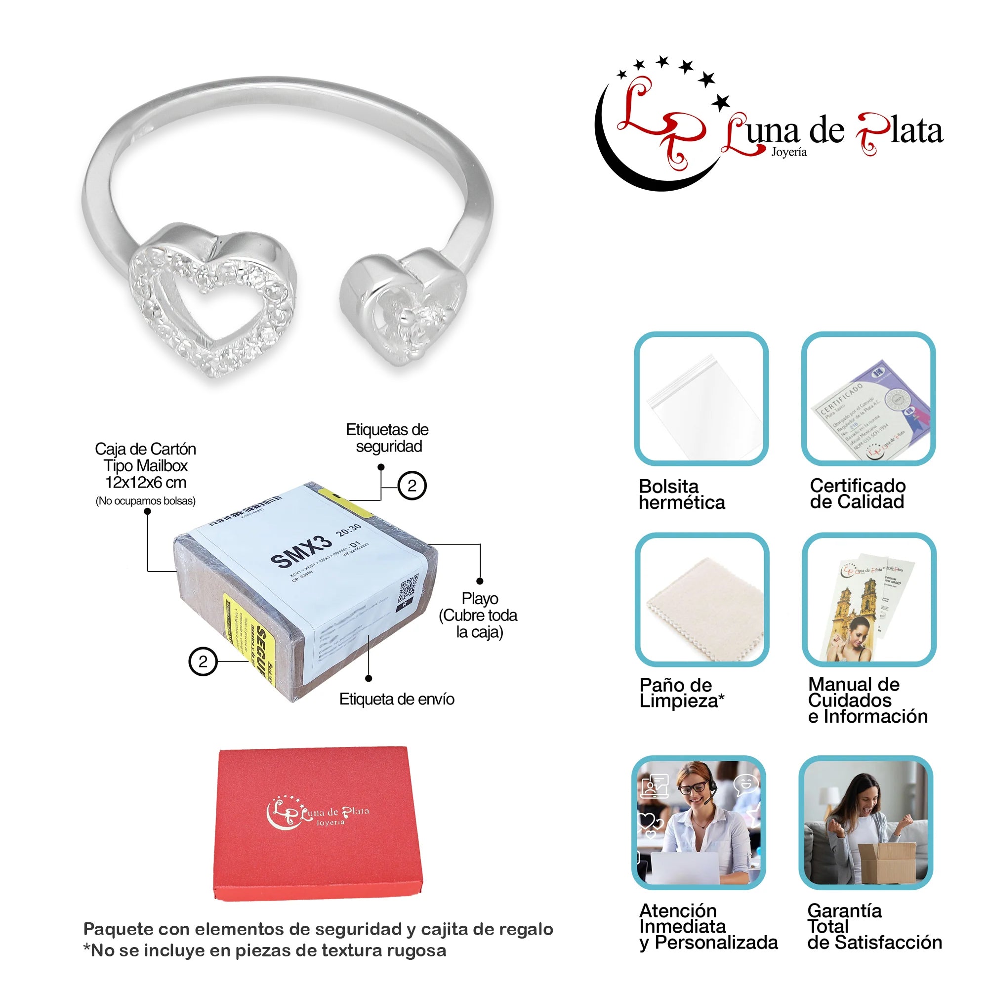 TMPAD013 Anillo Ajustable Corazon Doble en Plata Fina .925