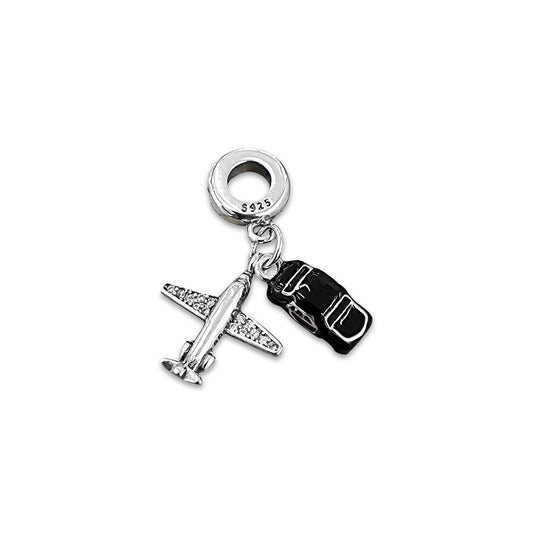 TMPCH009 Dije Charm Pand Avión con Zirconias y Coche Negro en Plata Fina .925