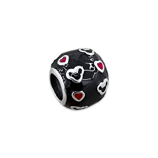 TMPCH033 Dije Charm Pand Bola de Fuego Esmalte Negro con Corazones en Plata Fina .925
