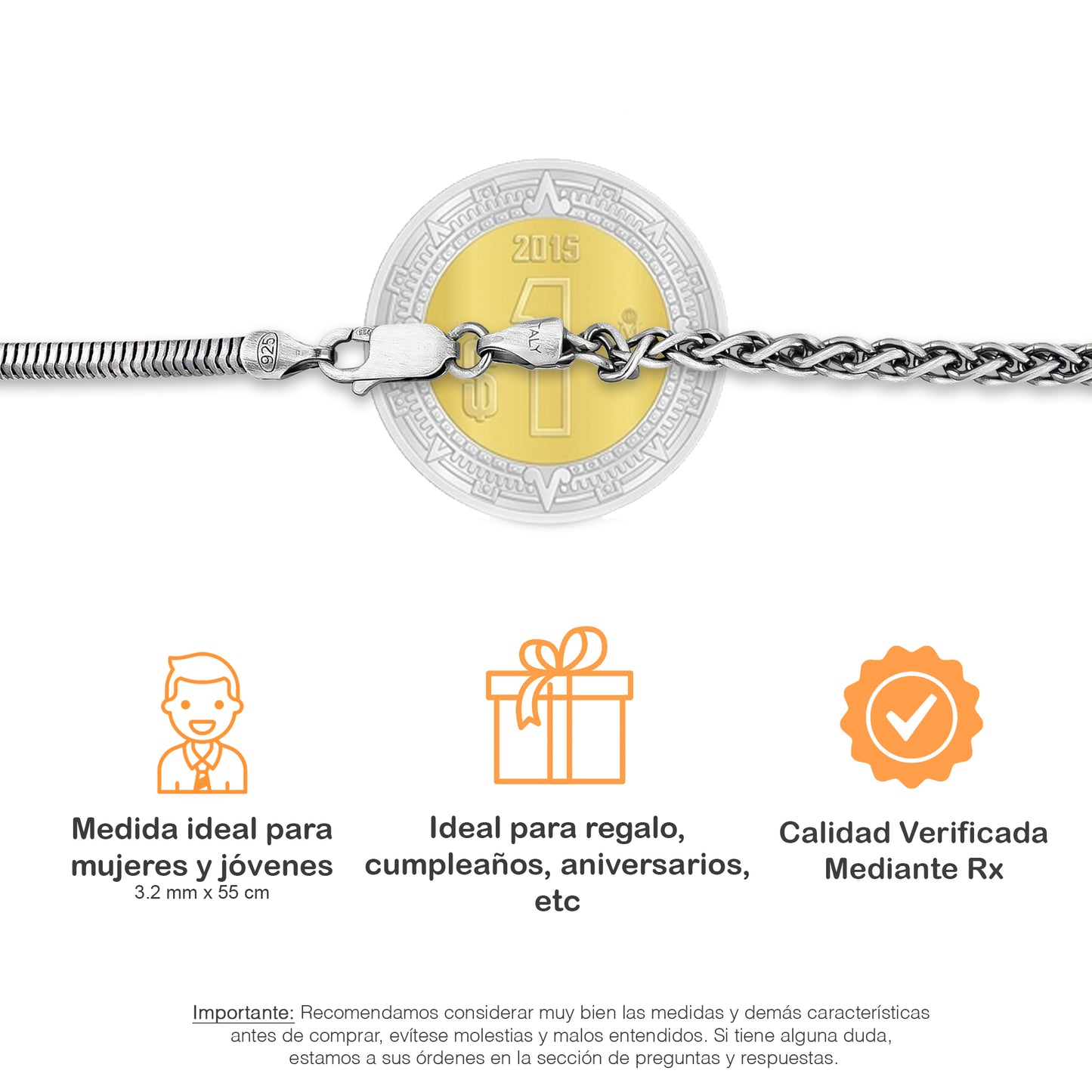 TMPCU010 Cadena Duo Cola de Rata y Espiga con Cilindro 3.2 mm x 55 cm en Plata Fina .925