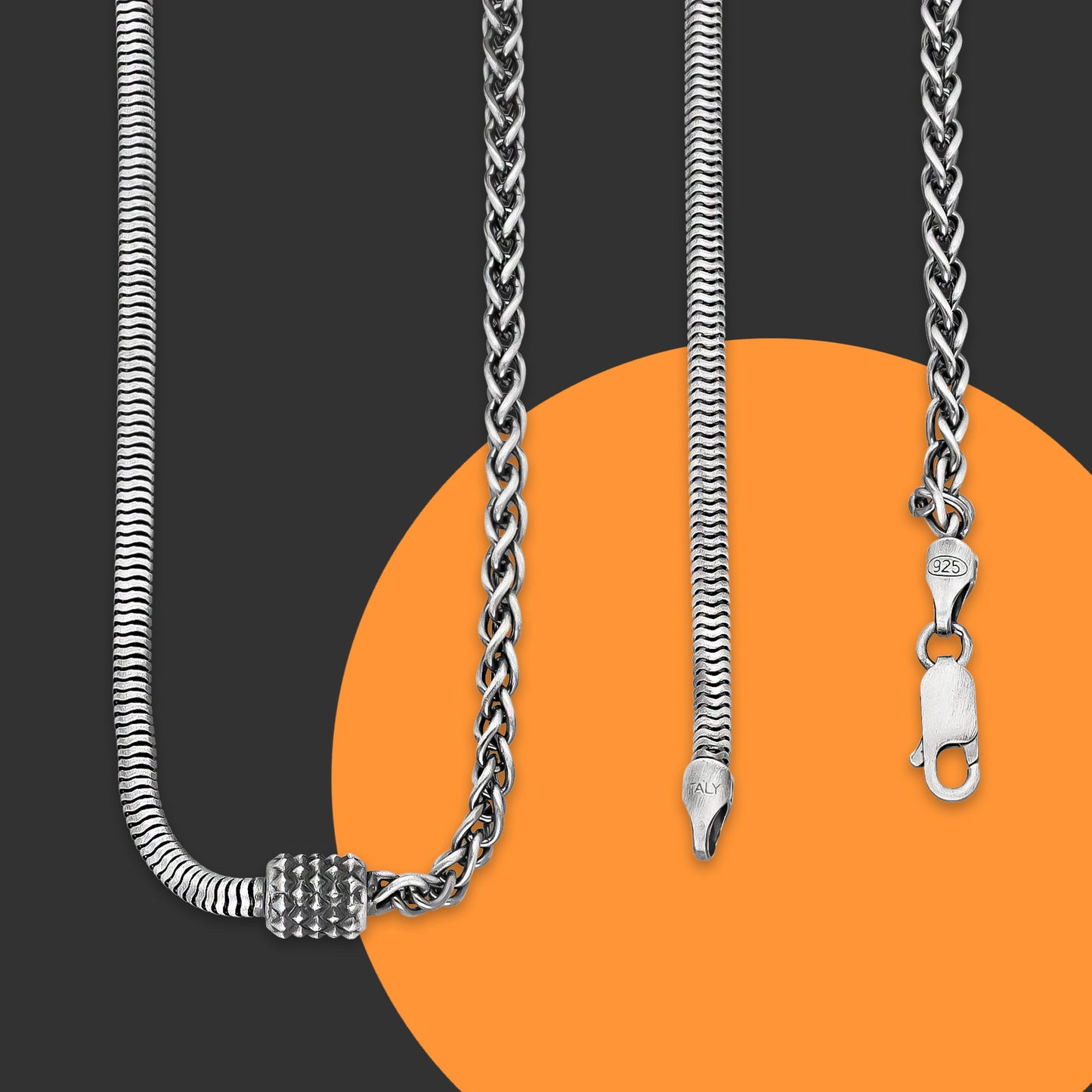 TMPCU010 Cadena Duo Cola de Rata y Espiga con Cilindro 3.2 mm x 55 cm en Plata Fina .925