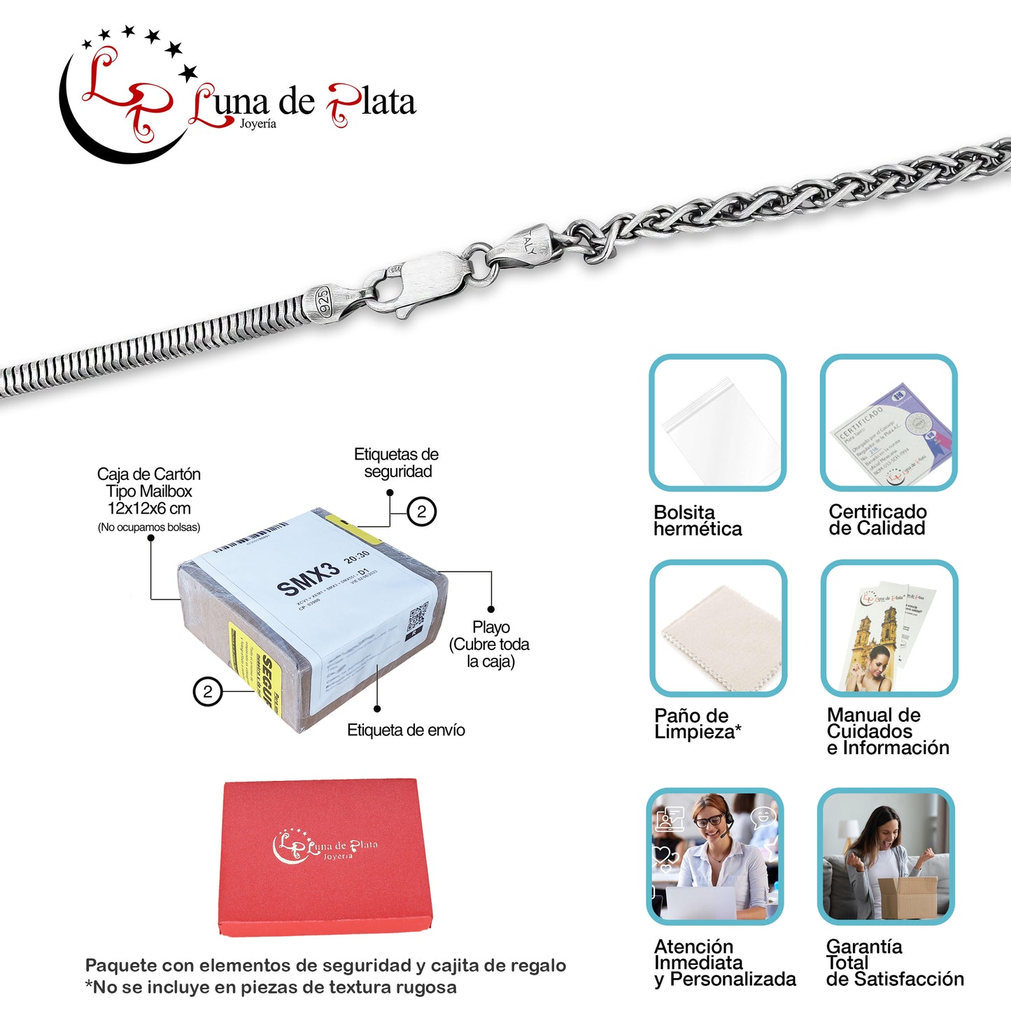 TMPCU010 Cadena Duo Cola de Rata y Espiga con Cilindro 3.2 mm x 55 cm en Plata Fina .925