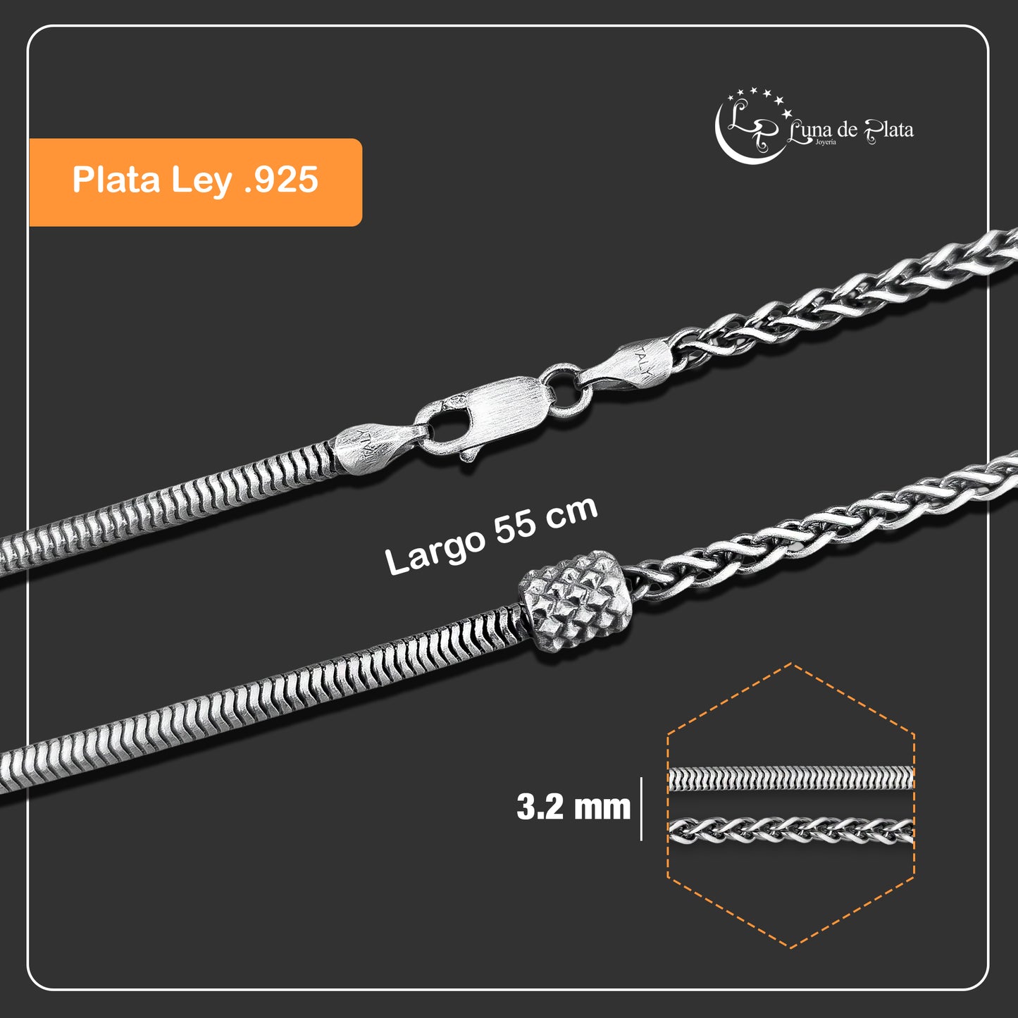 TMPCU010 Cadena Duo Cola de Rata y Espiga con Cilindro 3.2 mm x 55 cm en Plata Fina .925