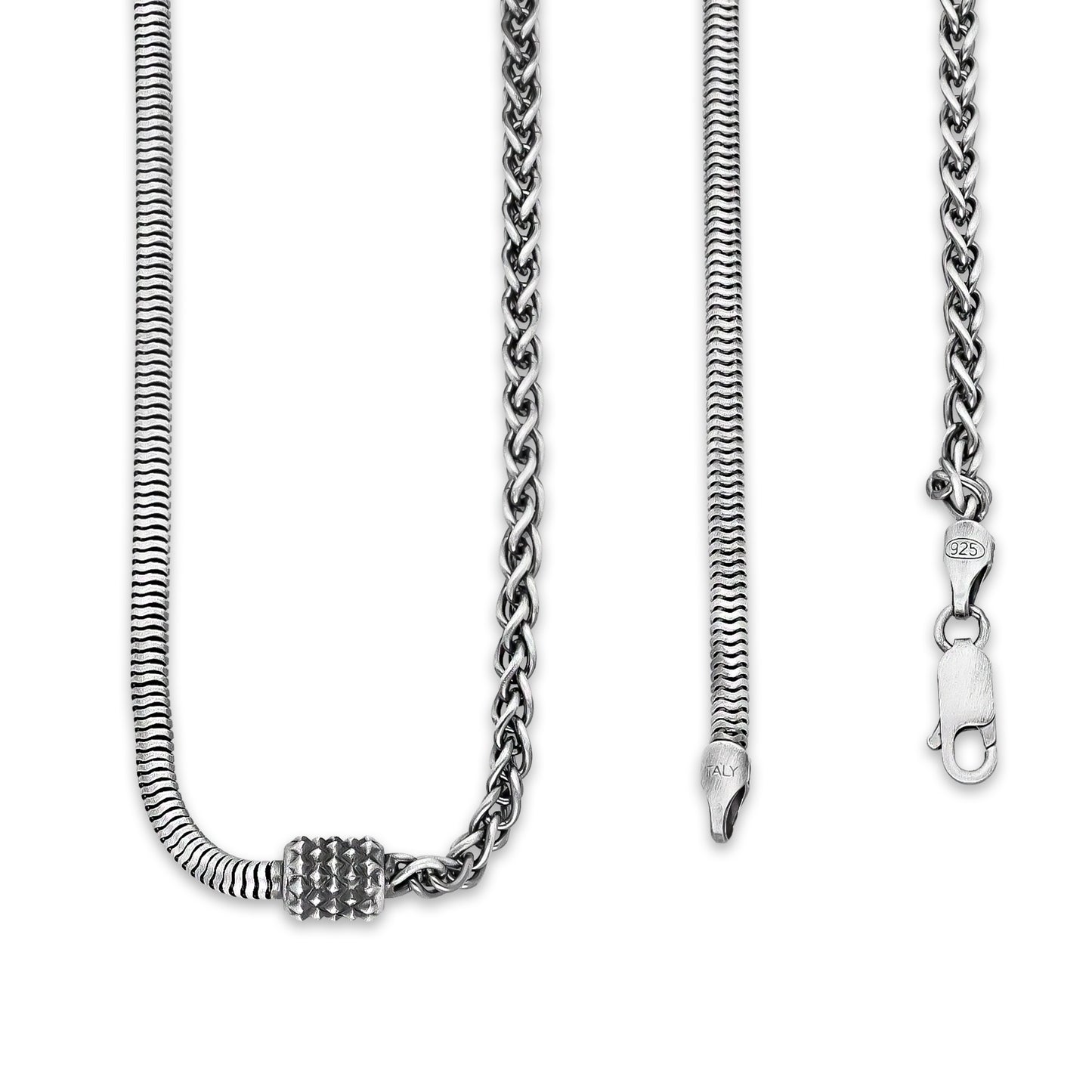 TMPCU010 Cadena Duo Cola de Rata y Espiga con Cilindro 3.2 mm x 55 cm en Plata Fina .925