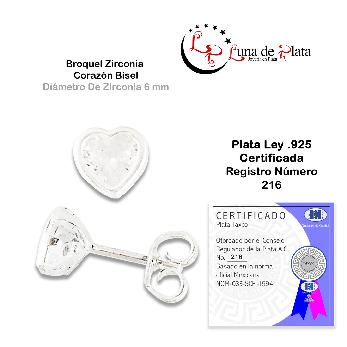 LPAP047 Arete Broquel Zirconia Corazon CB 6mm Plata .925 Taxco 1459396544